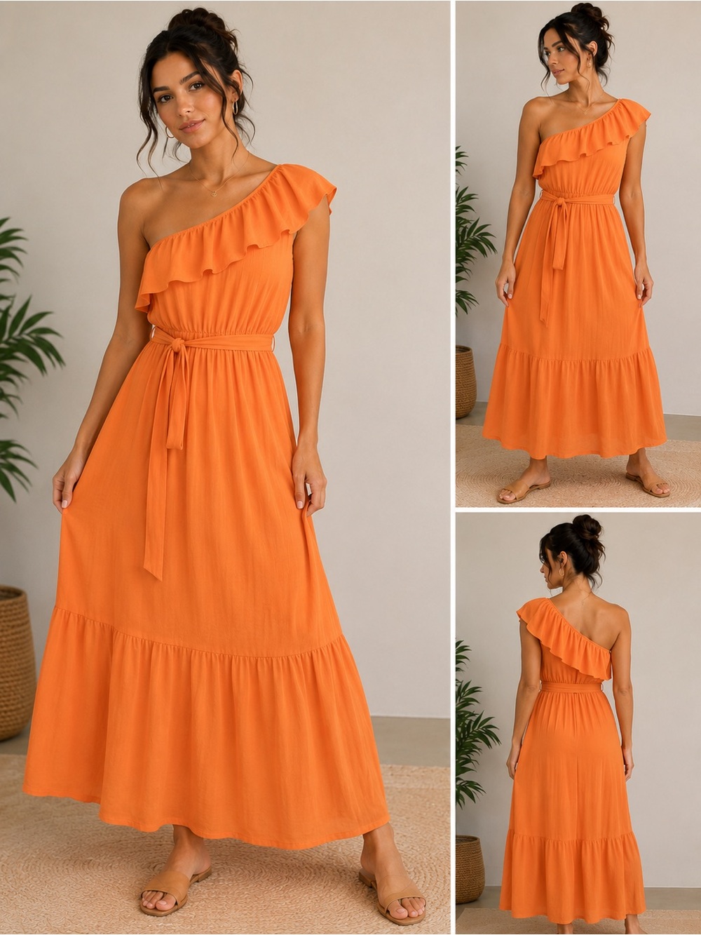 Tacera One-Shoulder Ruffle Maxi Dress - Orange